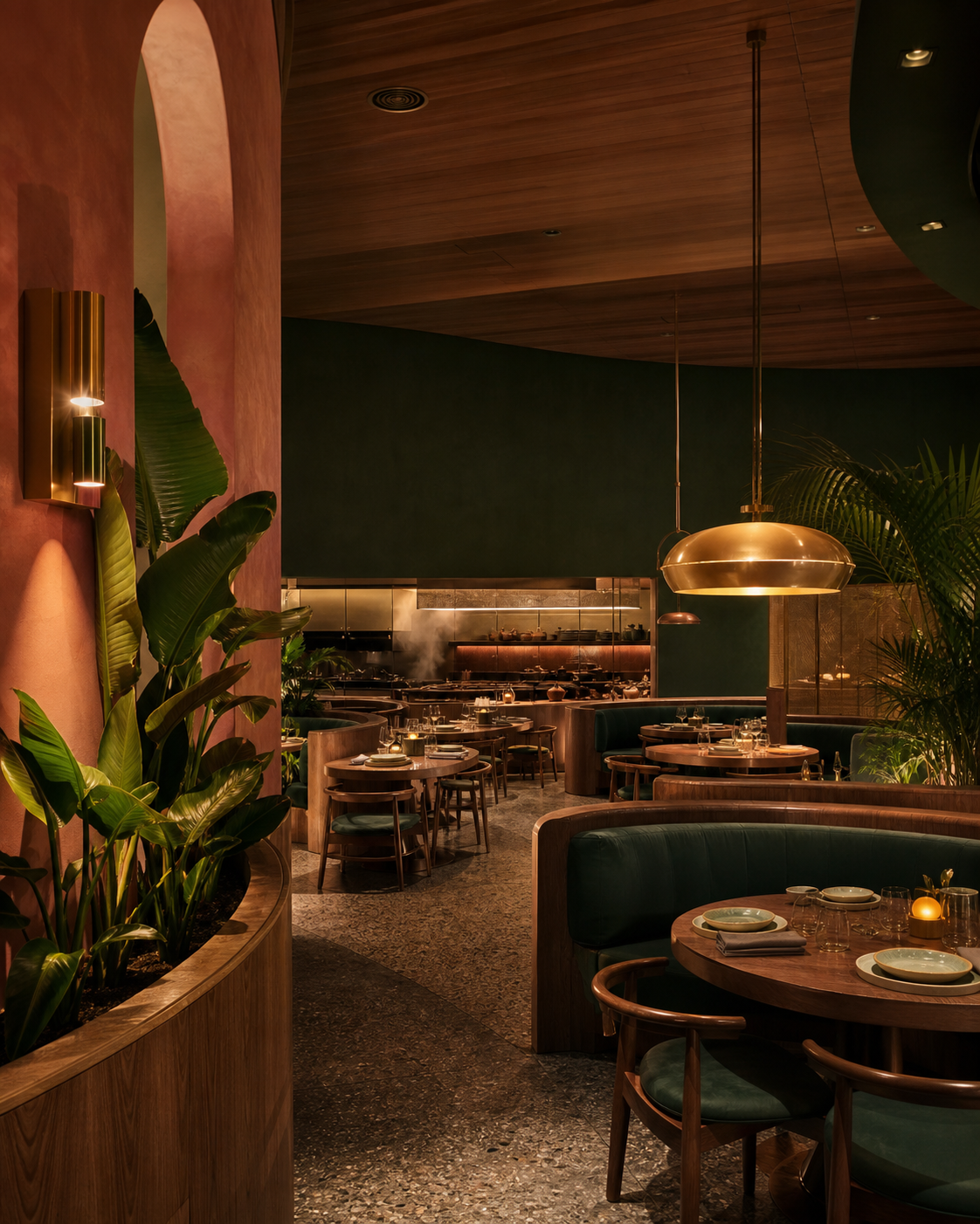 Thai Villa dining room concept with warm green and pink tones
